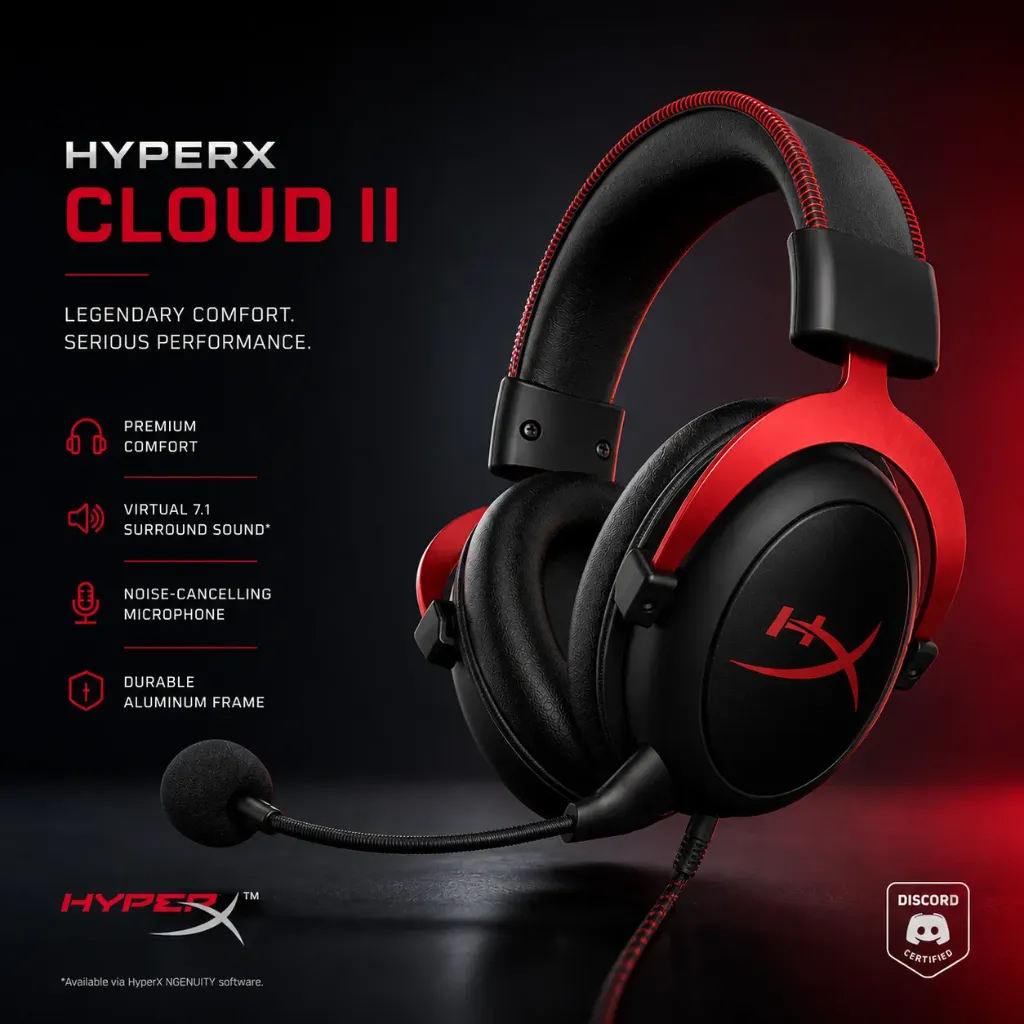 HyperX Cloud II Gaming Headset – 7.1 Surround Sound (Red)