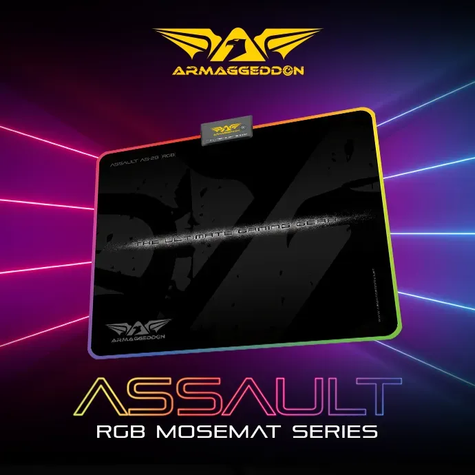Armaggeddon Assault AS-29 RGB gaming mouse pad featuring a black fabric surface and lighting edge.