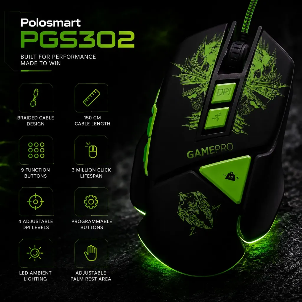 Polosmart PGS302 - Wired LED Programmable Weighted 7200DPI Gaming Mouse Black