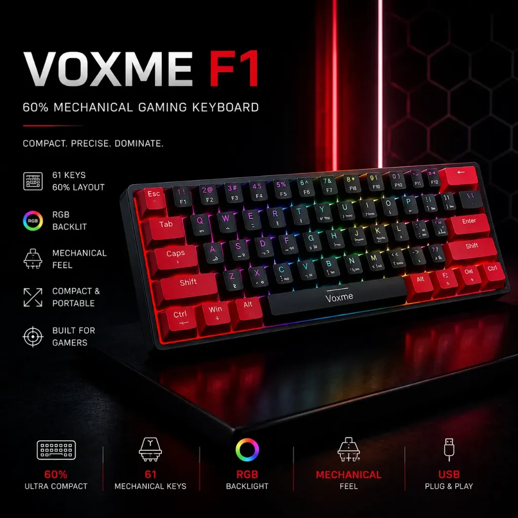 Voxme F1 Wired Type-C Mechanical Gaming Keyboard - Blue Switch
