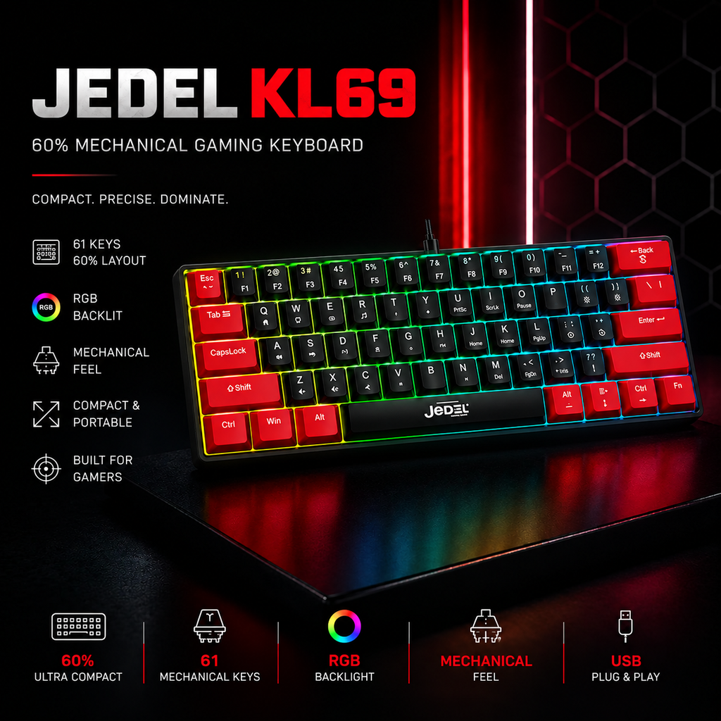 JEDEL KL69 60% Mechanical RGB Gaming Keyboard (Arabic/English) - Red Switch