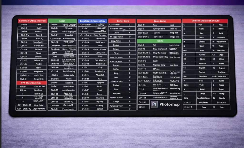 Extended Desk Mat with Keyboard Shortcuts and Non-Slip Base - Black